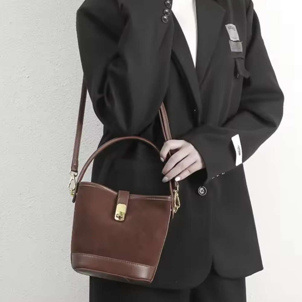 Bucket Crossbody Bag with Modern Gold Hardware Accents
